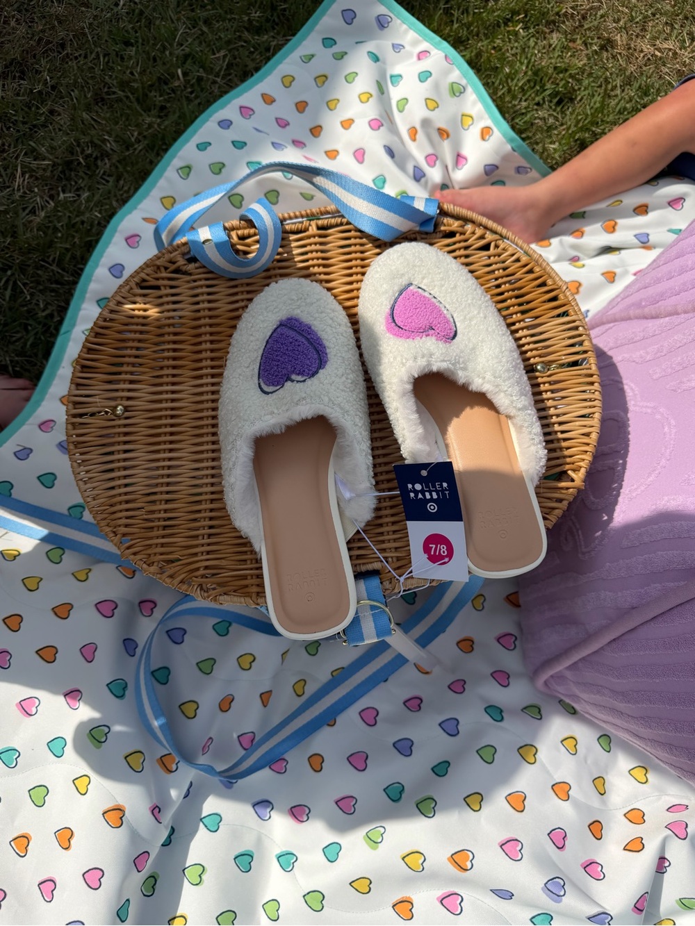 Roller Rabbit White Sherpa Slide Mules with Pink & Purple Heart Patches